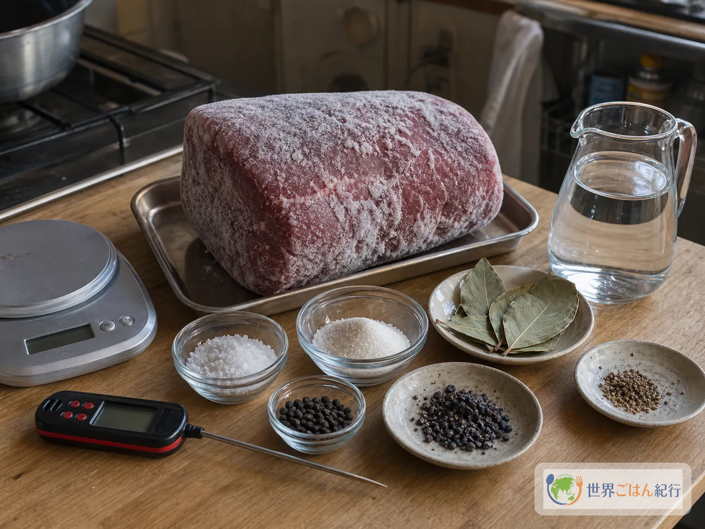 冷凍した牛赤身肉、塩、砂糖、ローリエ、黒こしょう、オールスパイス、中心温度計を台所に並べた材料写真