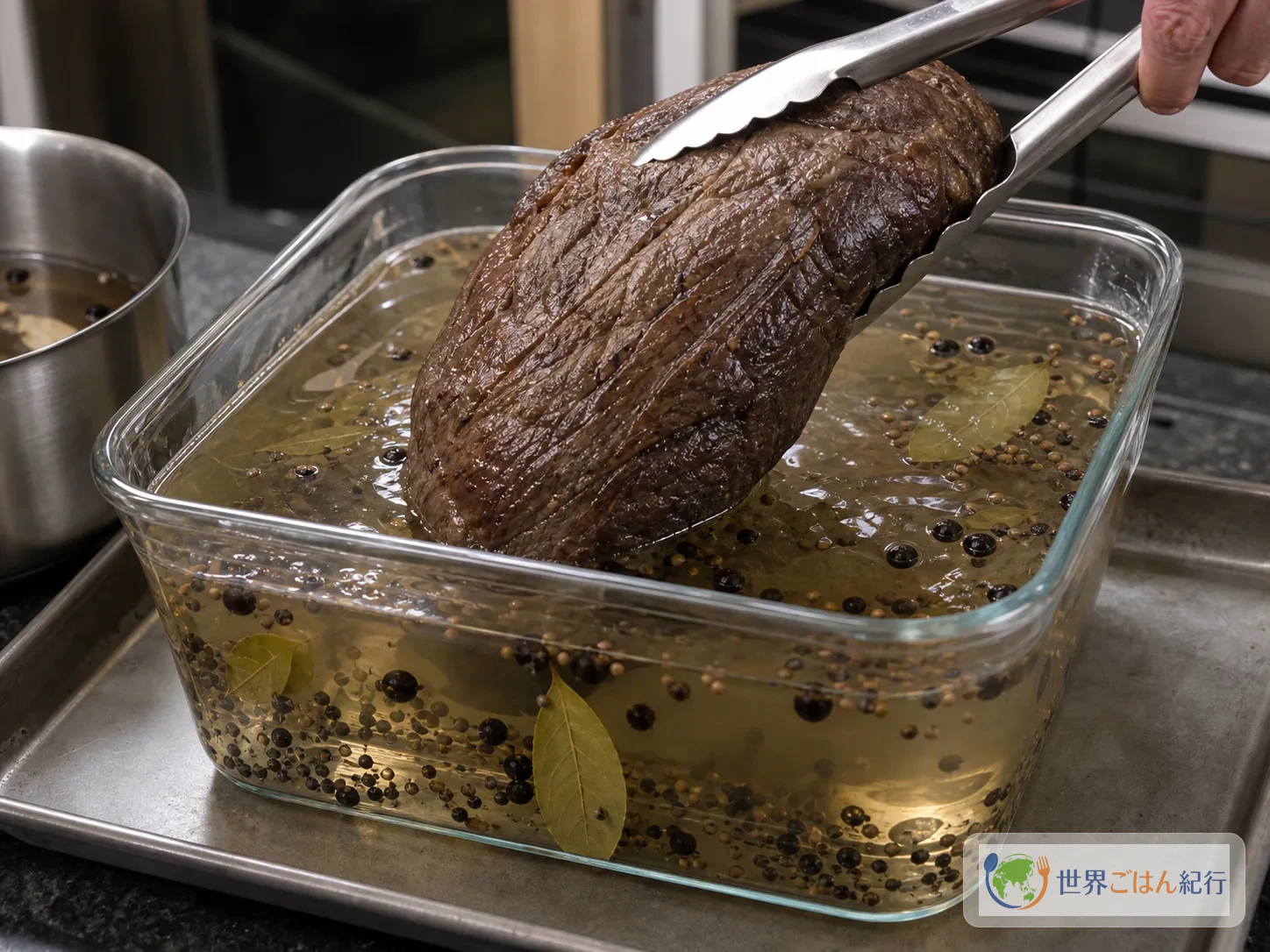手順4: 温かい肉を塩水に沈める