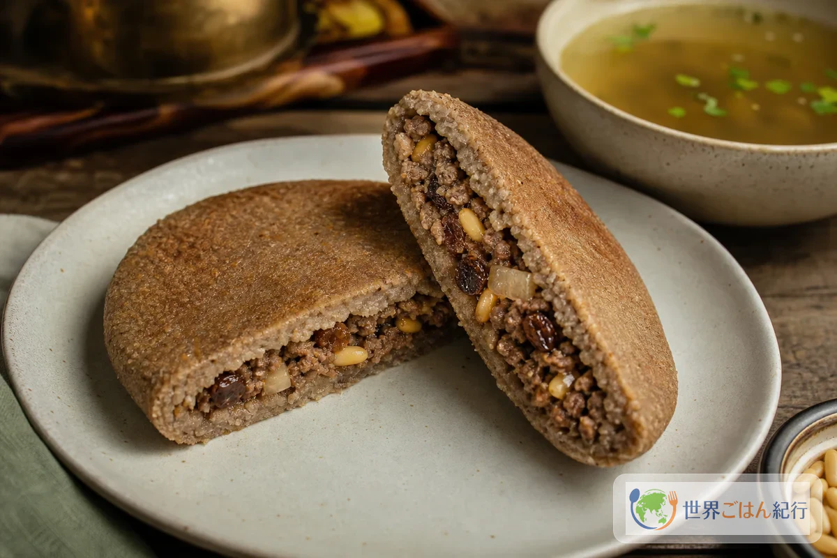 茹でてから焼いたクッバ・モスルの断面。薄い外皮とスパイス餡の境目が見える