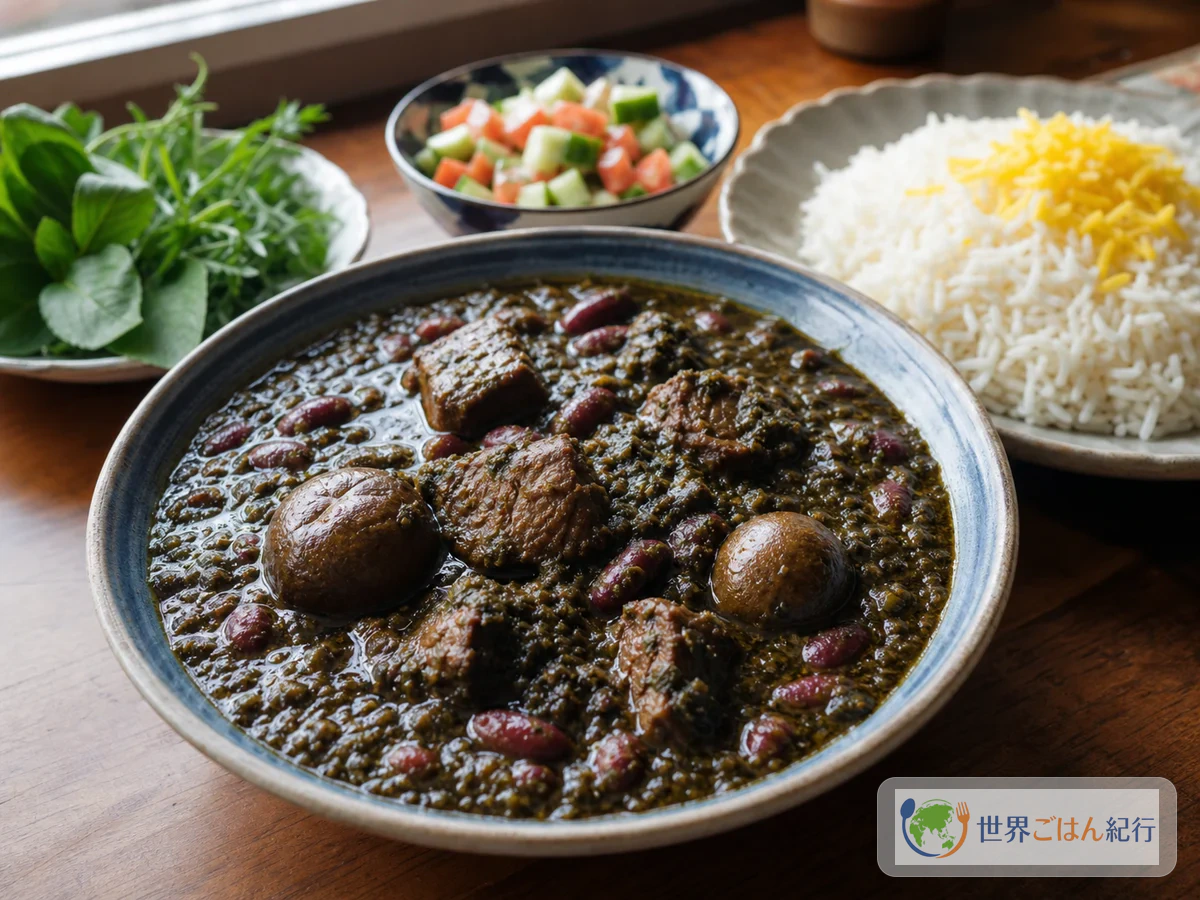 香草、牛肉、豆、ドライライムを煮込んだイランのゴルメサブジ