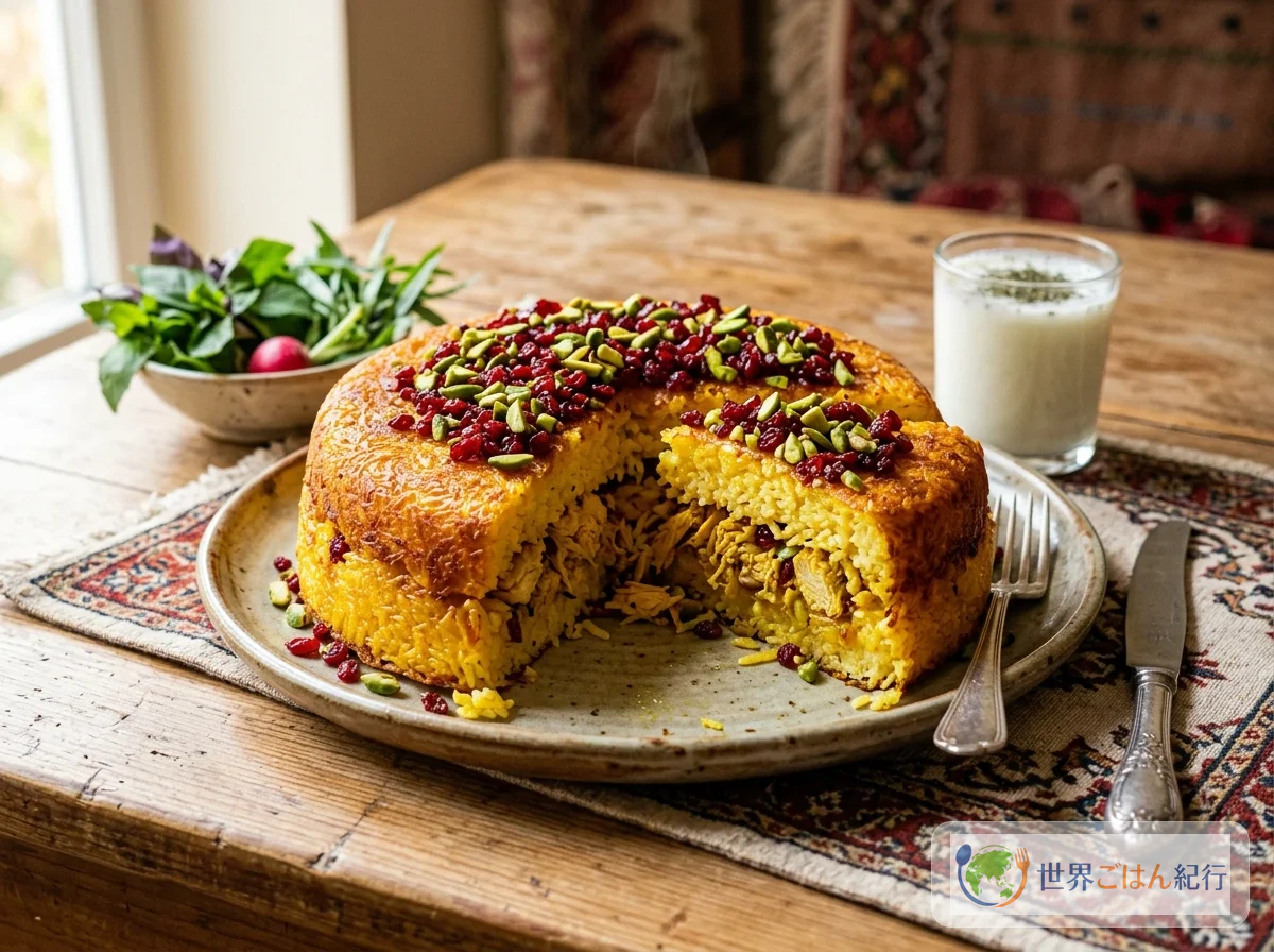 サフランで黄金色に焼いたイランのタフチン