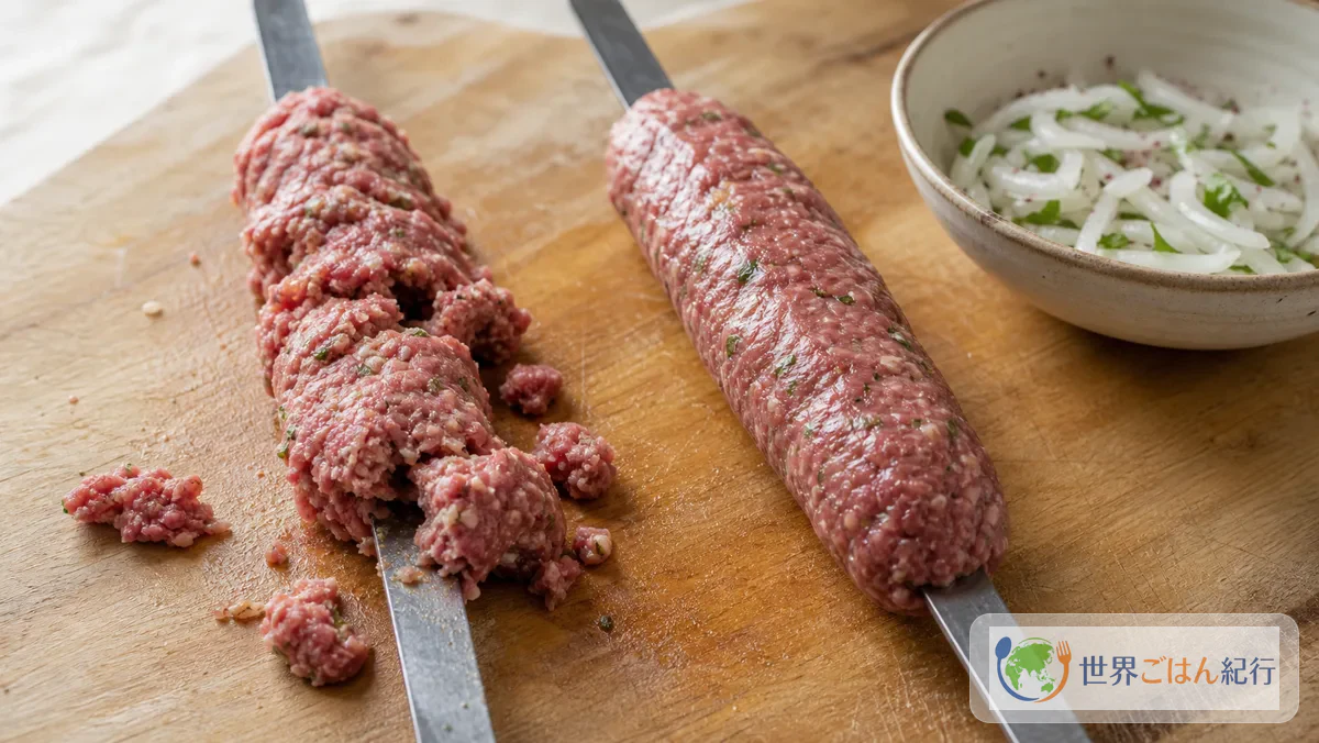 平串から崩れかけた肉だねと、きれいに密着した肉だねを並べた失敗確認