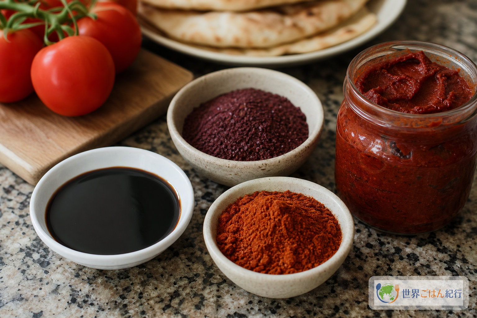 スマック、ざくろモラセス、赤いスパイス、パプリカペーストを小皿に分けて並べた買い出し候補