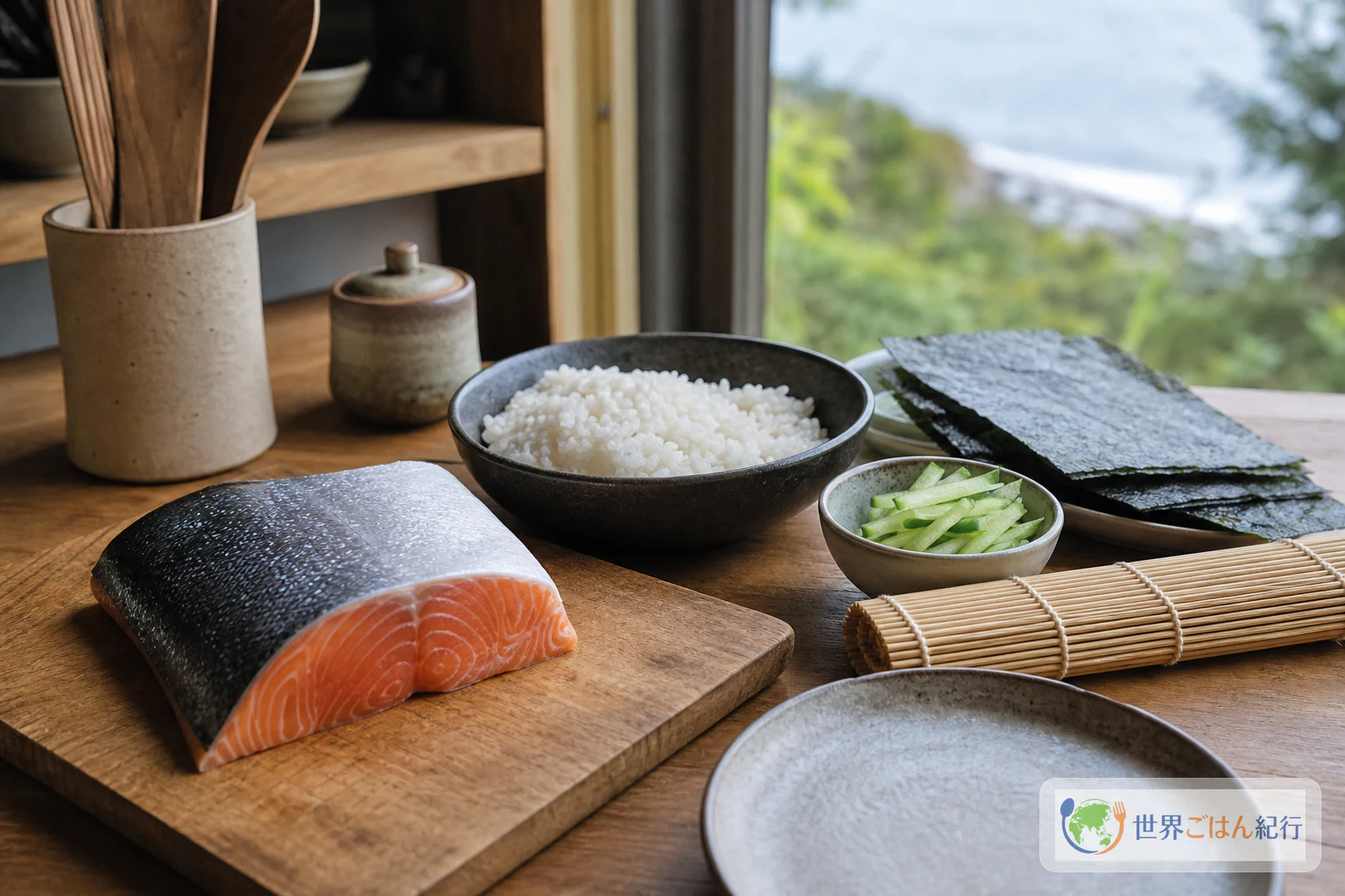 バンクーバーの日本食文化とサーモンを思わせる食卓のイメージ