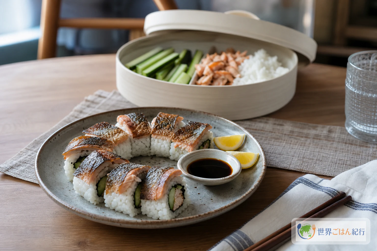焼いたサーモンの皮を上にも添えたB.C.ロールと、保存用に分けた材料を置いた食卓