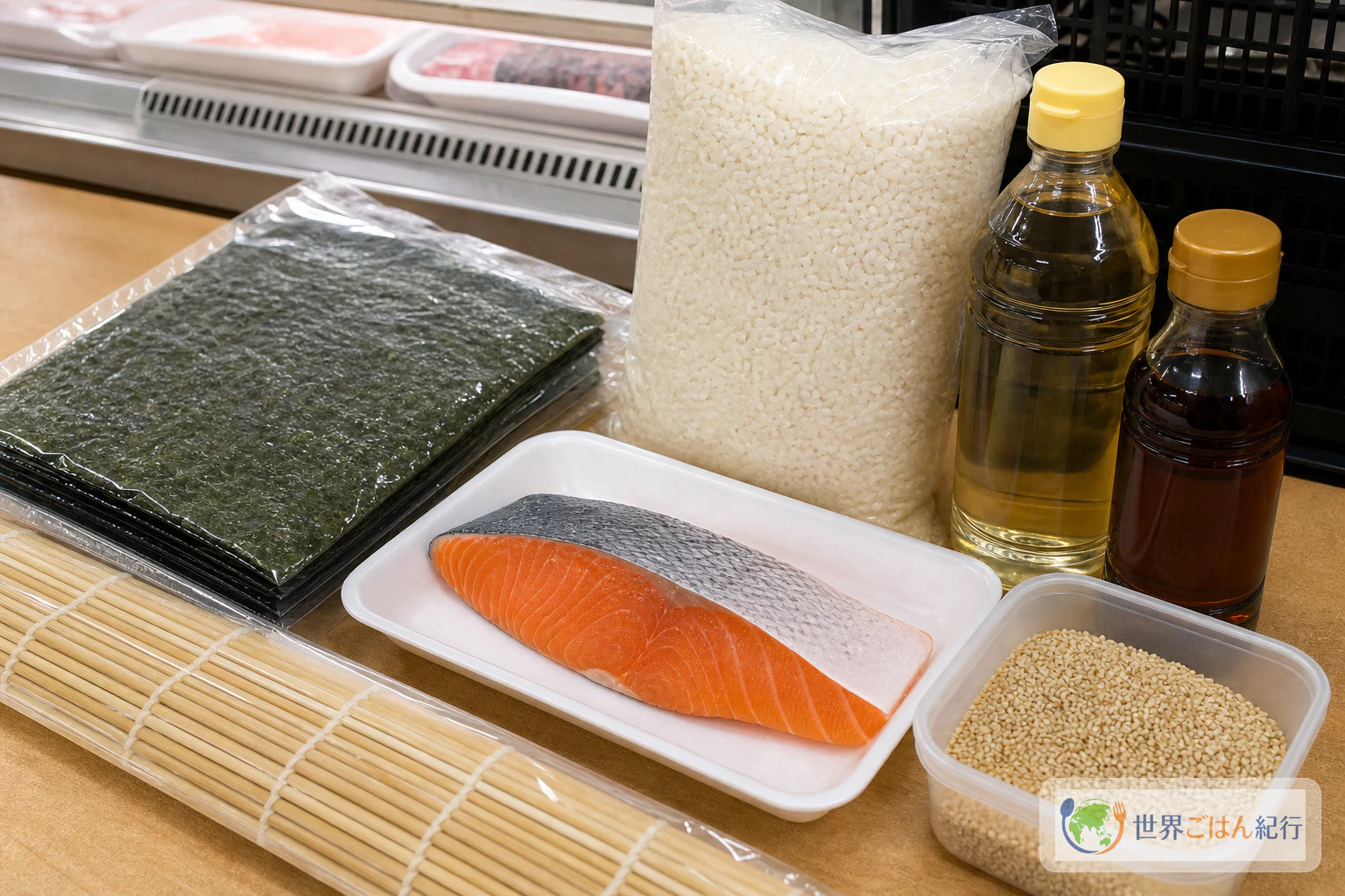 B.C.ロールの材料を買いそろえるための海苔、皮付きサーモン、米酢、ごま油、白ごま