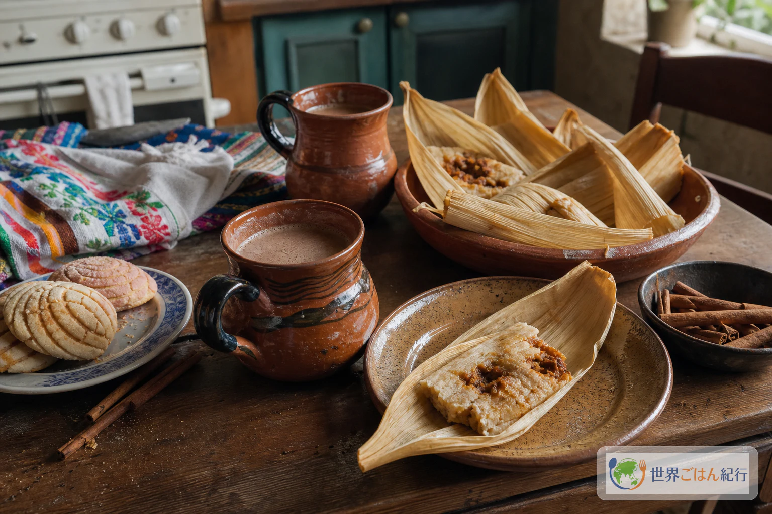 タマーレと甘いパンを添えたメキシコの朝食にチャンプラドを並べた食卓