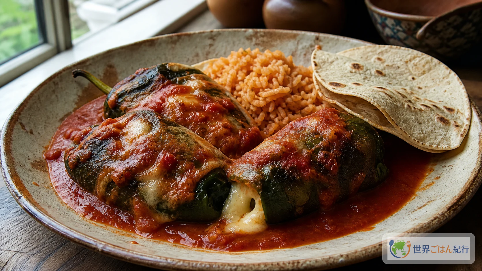赤いトマトソースをかけたチーズ入りのチリ・レジェーノとメキシカンライスを盛った皿