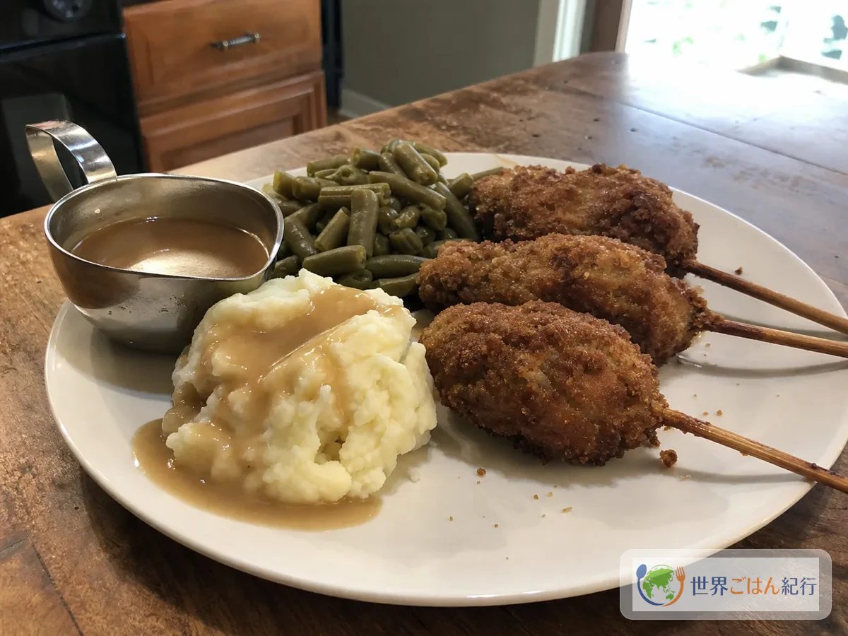 パン粉衣をつけた豚肉の串料理シティチキンをマッシュポテトとグレイビーで盛った皿