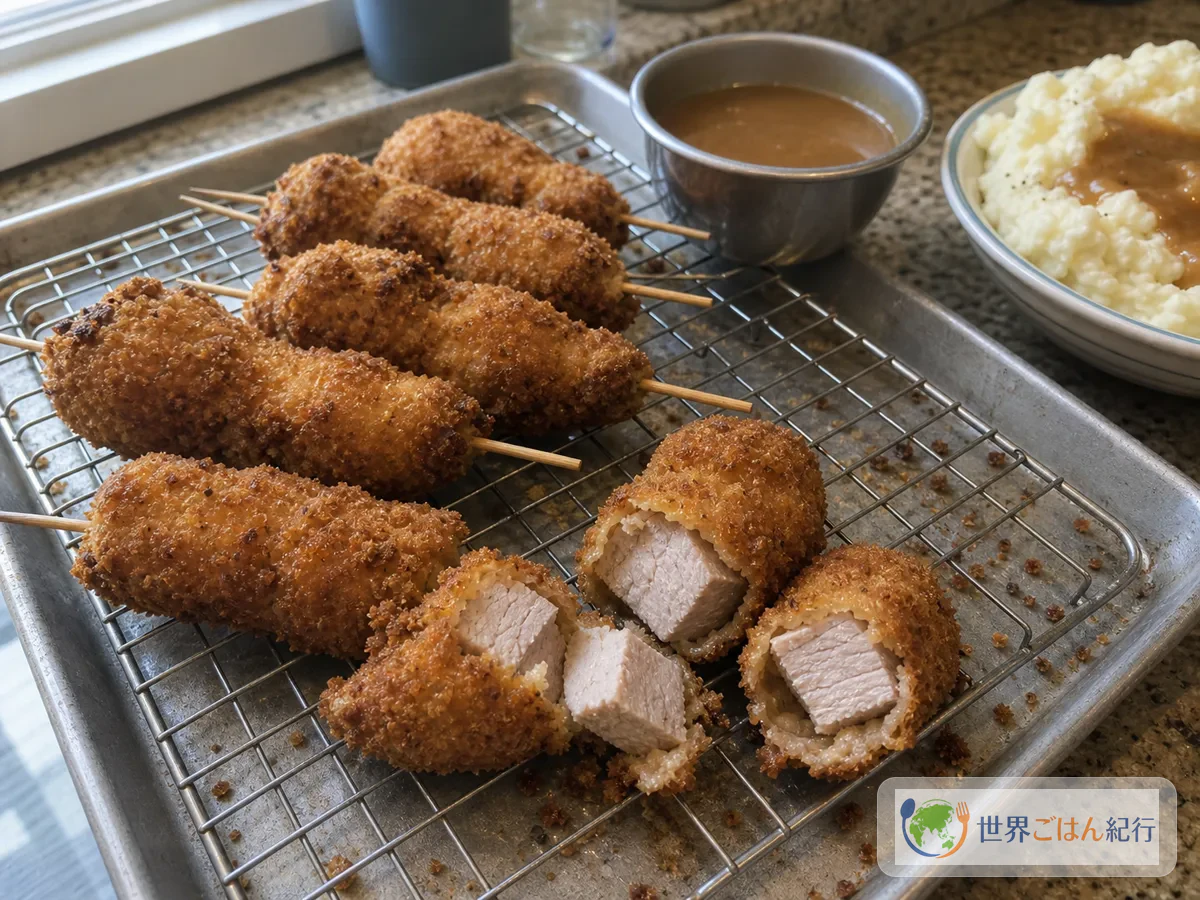 焼き上げたシティチキンを網で休ませ、切り口とグレイビーを添えた台所
