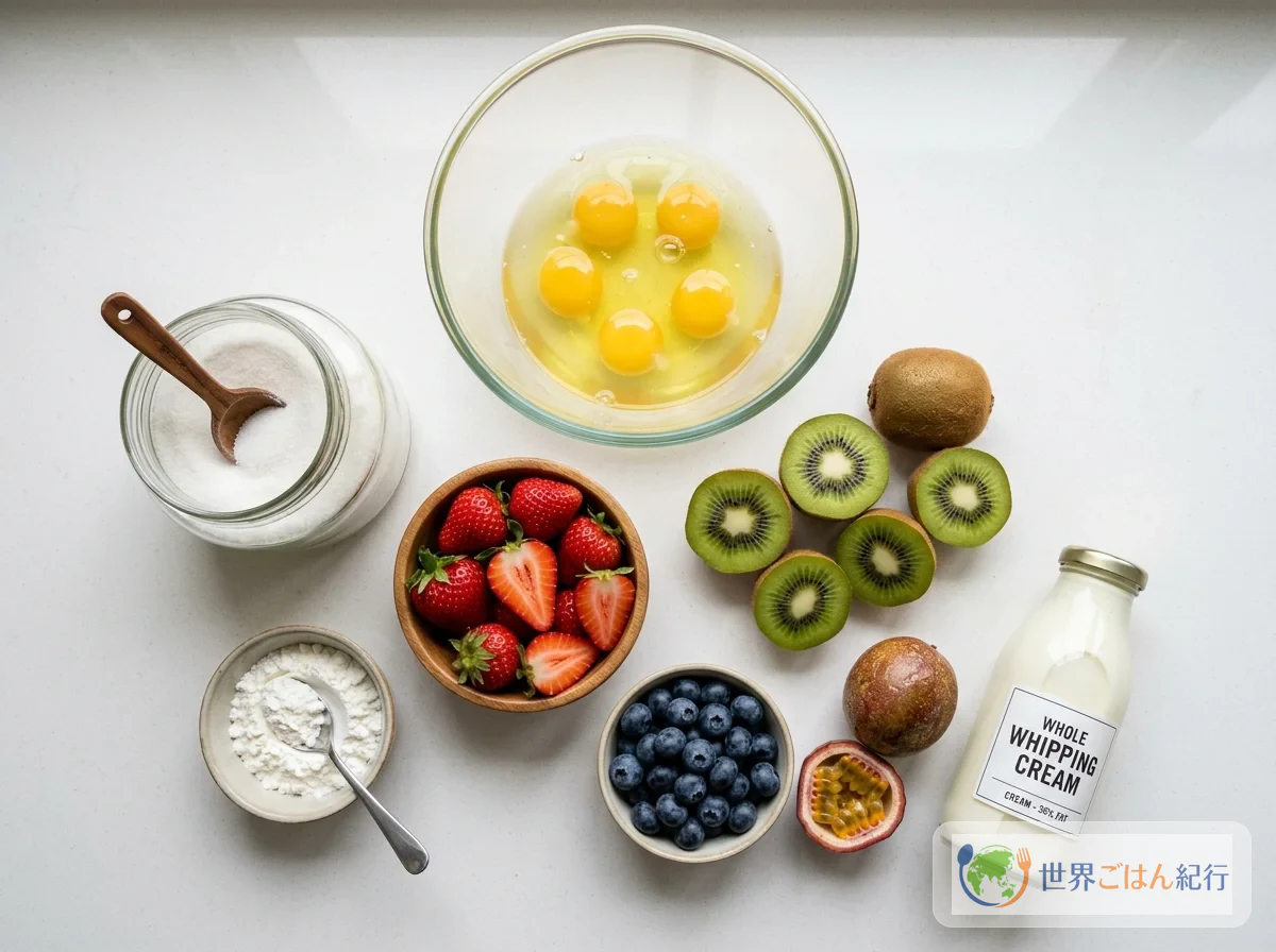 卵白、グラニュー糖、コーンスターチ、生クリーム、キウイ、いちご、パッションフルーツを台所に並べたパブロヴァの材料