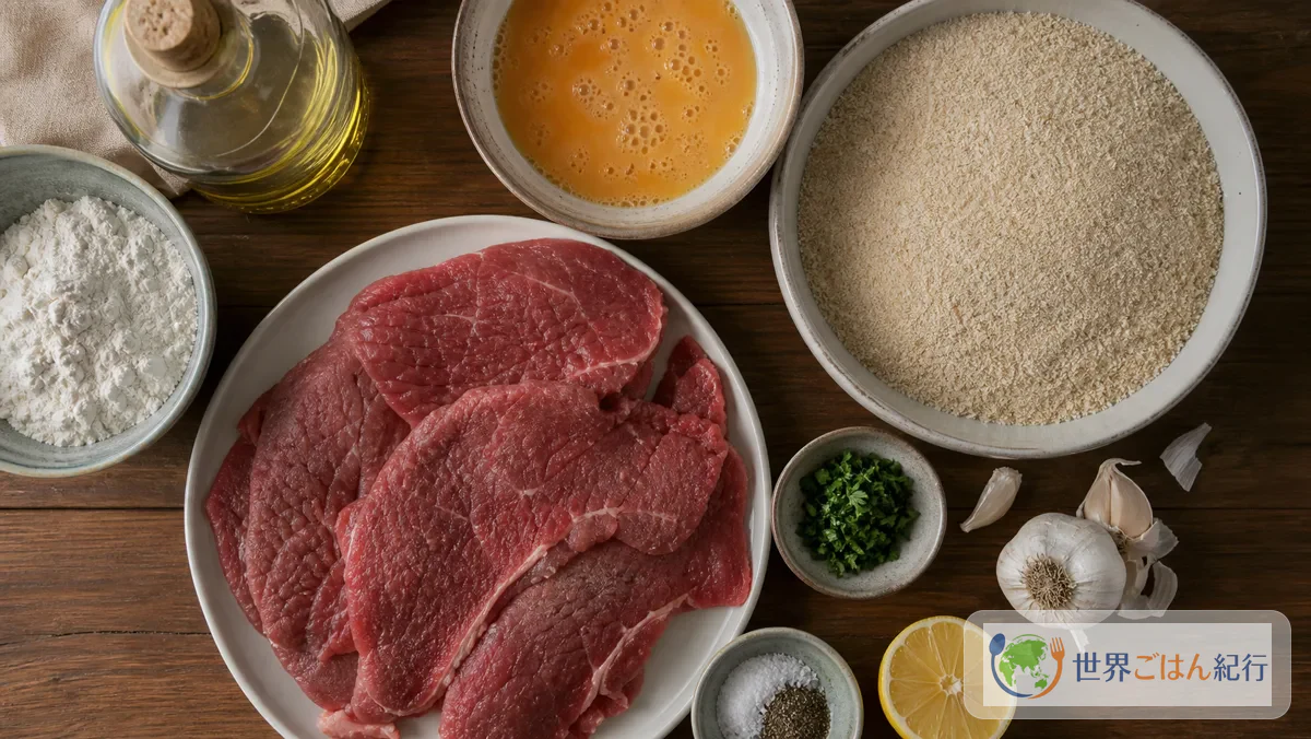 ミラネーサに使う牛もも肉、卵、パン粉、薄力粉、にんにく、パセリ、レモン、油を台所に並べた様子