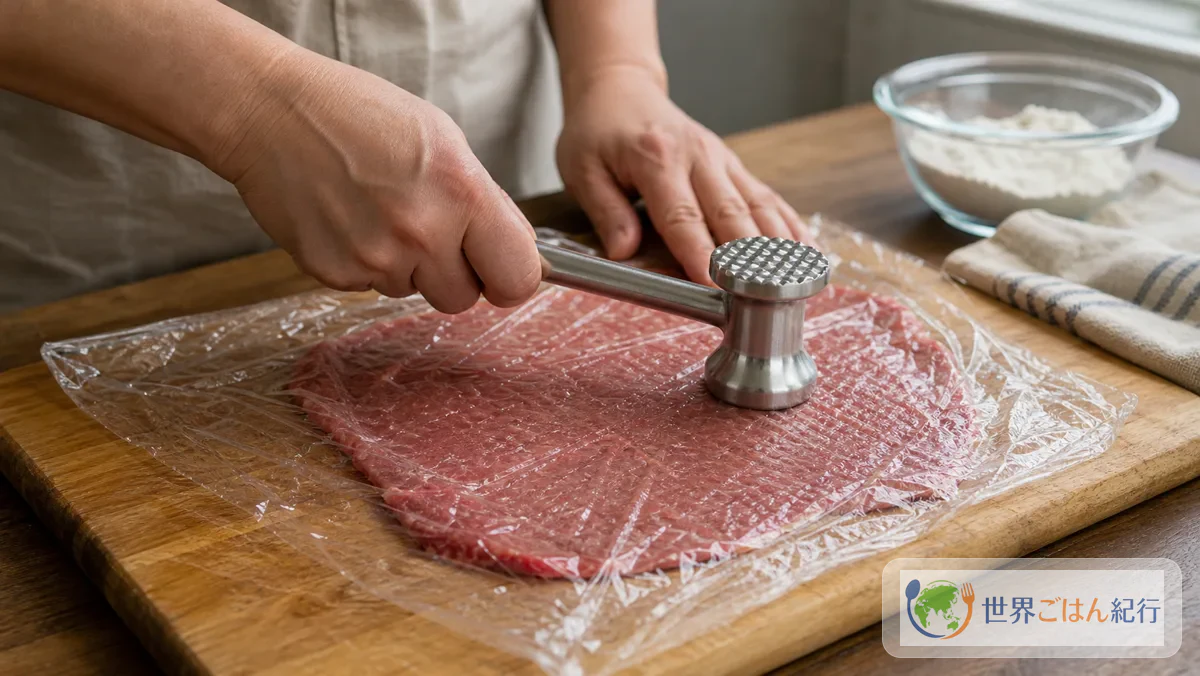手順1: 牛肉を5mm厚にのばす