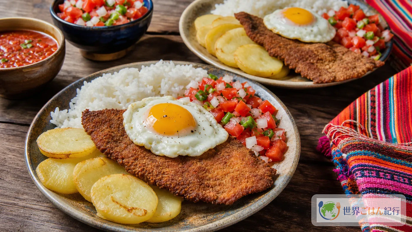 米、じゃがいも、牛カツ、目玉焼き、サルサを広い皿に並べたボリビア風の食卓