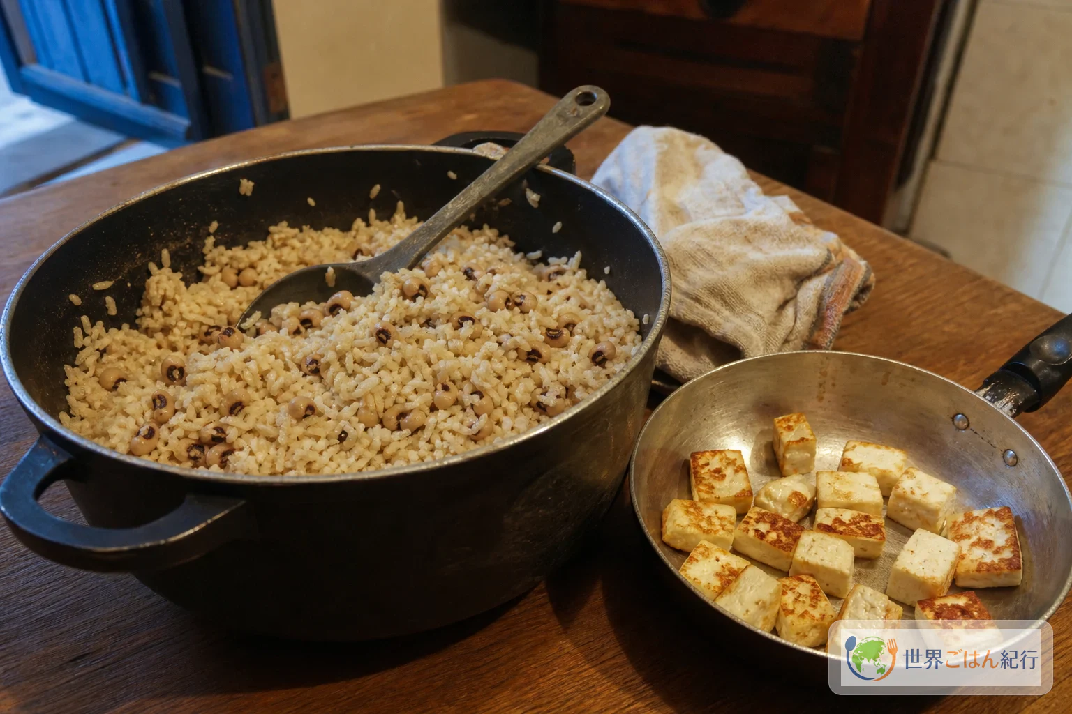 黒目豆と米を炊いたバイアォン・ジ・ドイスを、焼いた白いチーズと香草とともに木の食卓へ置いた様子