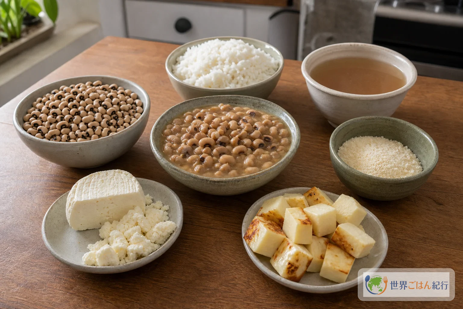 乾燥黒目豆、豆の煮汁、米、白いチーズを日本の台所の食材として並べた比較