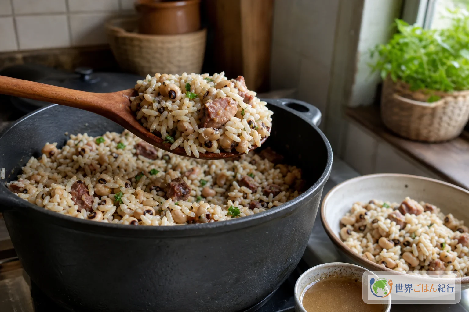 木べらでバイアォン・ジ・ドイスを一度だけ返し、米の粒と豆の形が残っている鍋の中