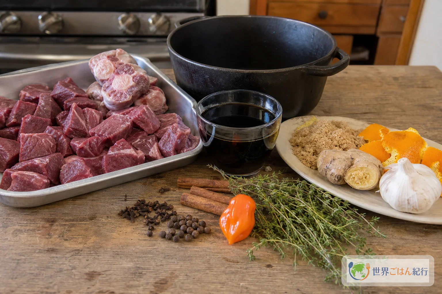 ペッパーポットに使う牛肉、豚肉、スパイス、唐辛子、黒い調味液を台所に並べたところ