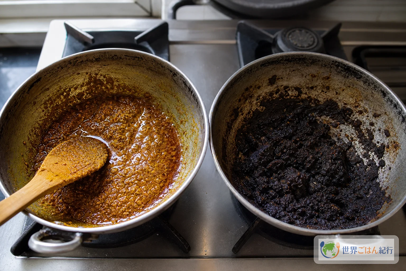 カレー粉を油で開いた鍋と、黒く焦がしてしまった鍋を並べた比較