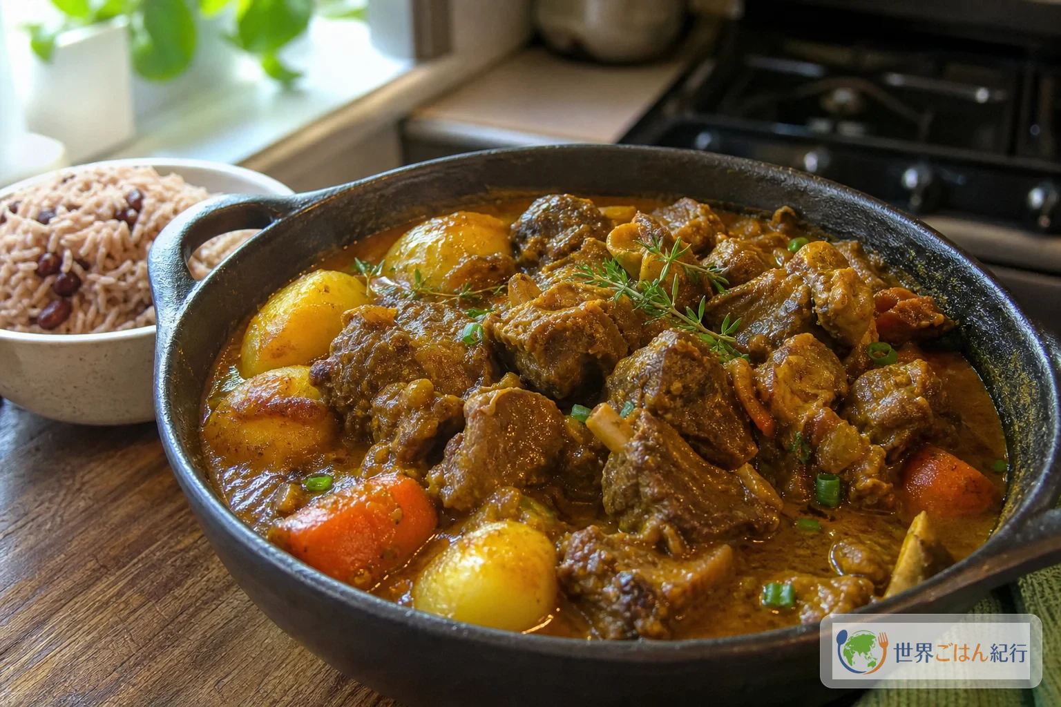 骨付き肉とじゃがいもを濃い黄金色のソースで煮込んだジャマイカのカレーゴート