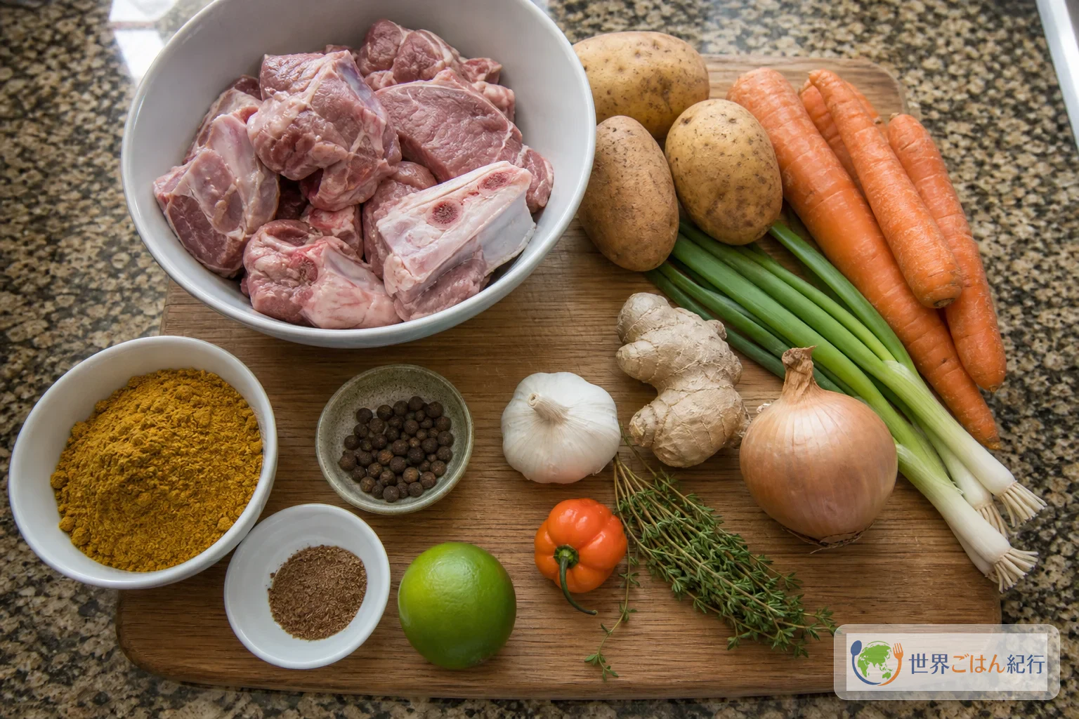 カレーゴートの材料。骨付き肉、カレー粉、オールスパイス、タイム、青ねぎ、じゃがいもを台所に並べたところ