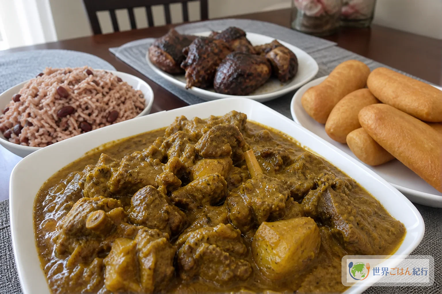 カレーゴート、ライスアンドピーズ、ジャークチキン、フェスティバルを並べたジャマイカ風の食卓