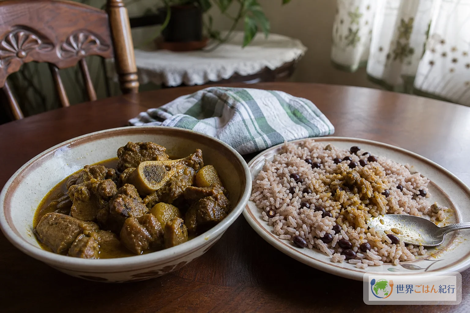 骨付き肉のカレーゴートをジャマイカ風の米料理と一緒に出した食卓