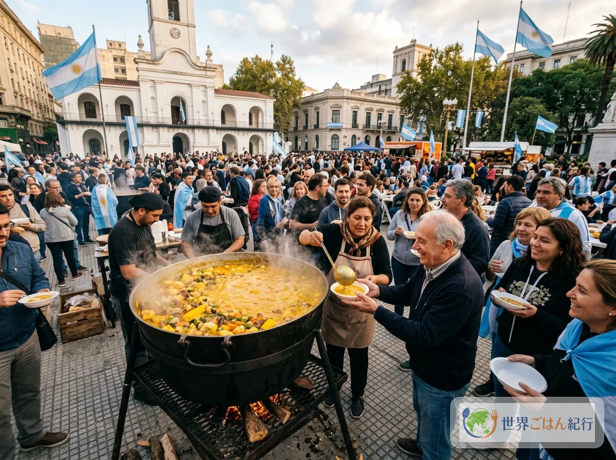 アルゼンチンの5月25日の広場でロクロの大鍋が炊き出されている様子