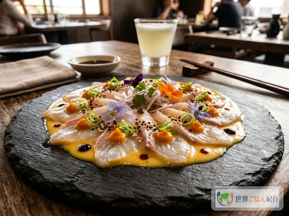 ニッケイ料理を代表するティラジノ（白身魚の刺身とセビーチェの中間）。日本の切り方とペルーの調味料が融合した一皿