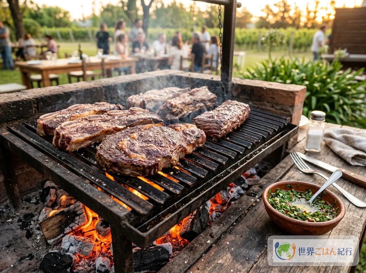 アルゼンチンのアサード。パリージャの上で焼かれる牛肉