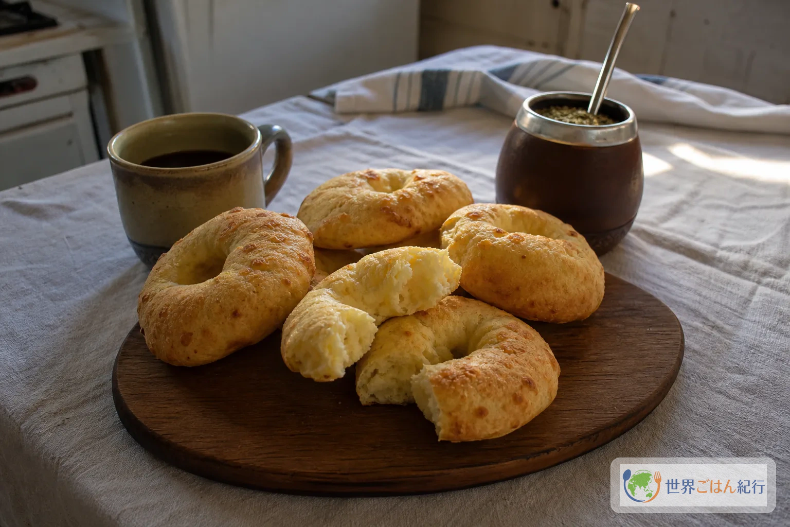パラグアイのチパ・アルミドン。焼きたての輪形チーズパンとマテ茶を並べた食卓