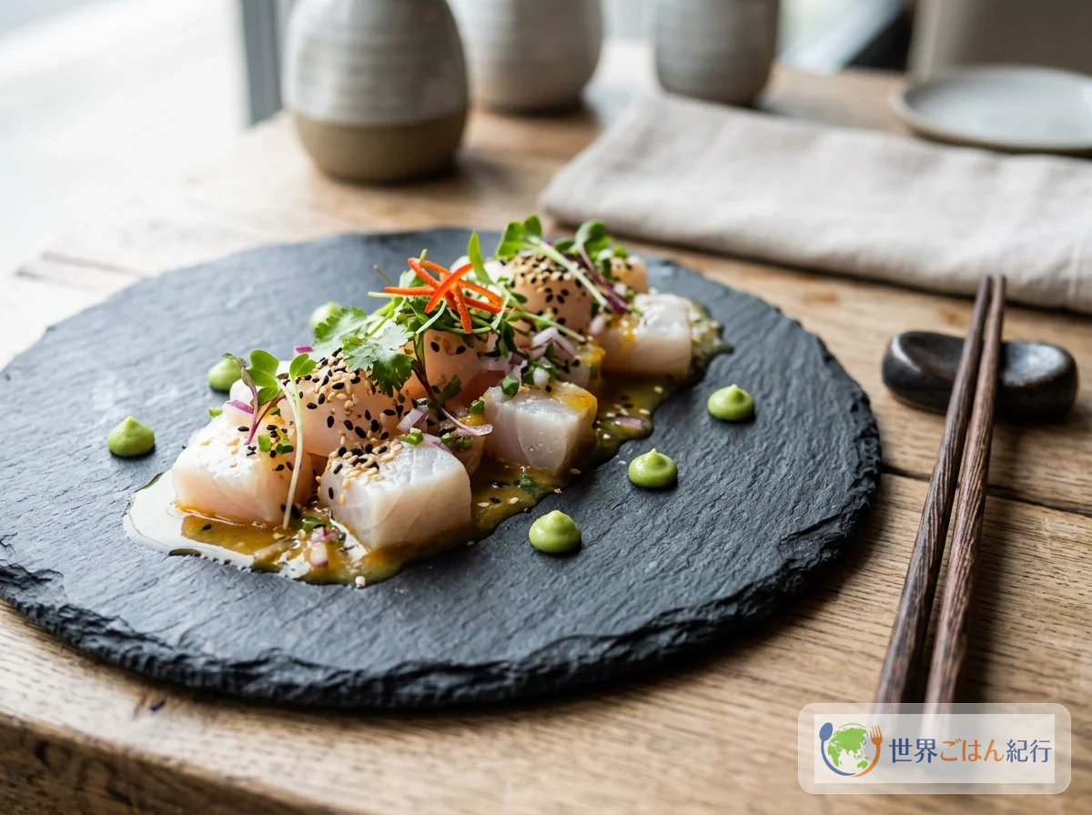ニッケイ料理を象徴する魚介の一皿。ペルーの唐辛子と日本の刺身技法が重なる