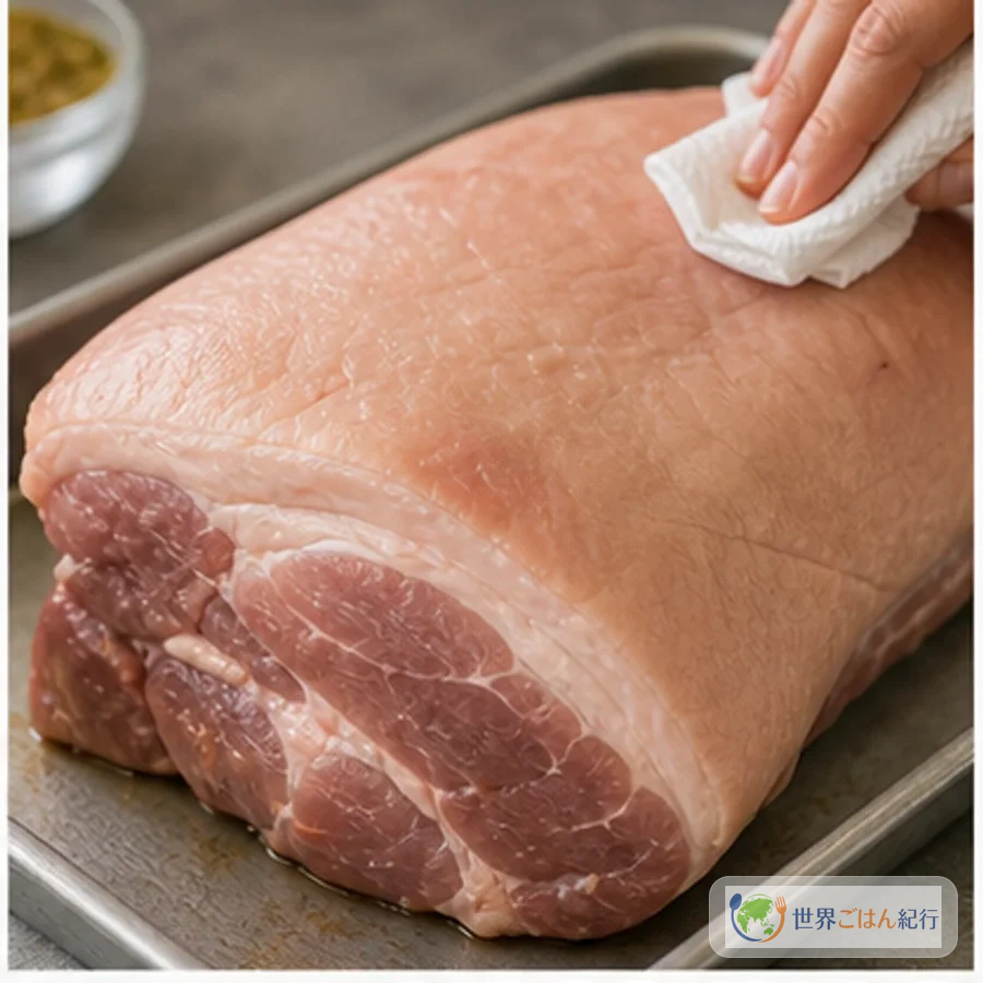 生の豚肩肉。ペルニルは大きな塊肉を使うことで、長時間焼いても乾きにくい