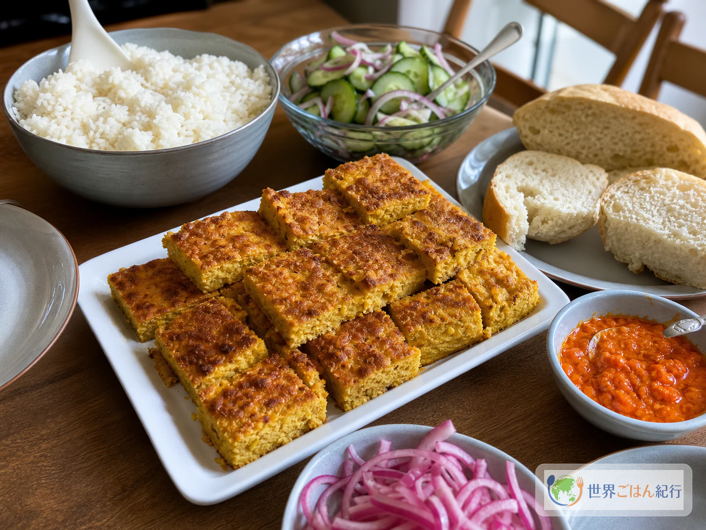 切り分けたポムを白いご飯、きゅうりと赤玉ねぎの浅漬け、パン、辛味ソースと並べた食卓