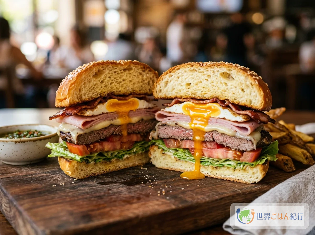 チヴィトーの断面。肉、チーズ、目玉焼き、ハム、ベーコンの層が見える