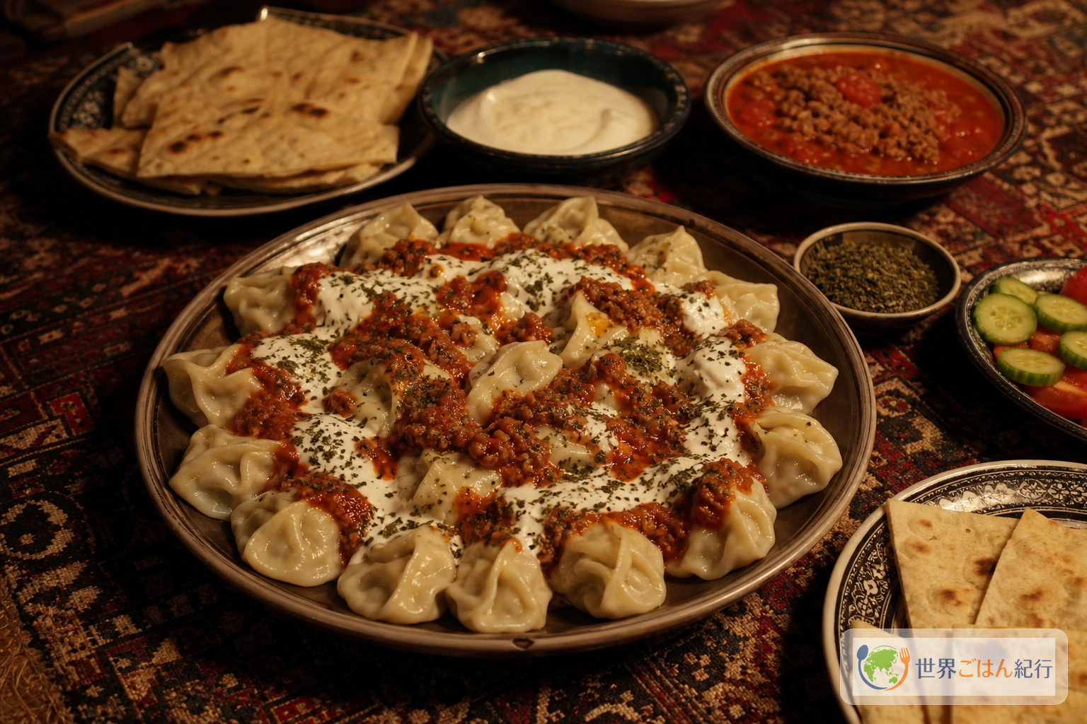 アシャクを囲むアフガニスタン風の食卓