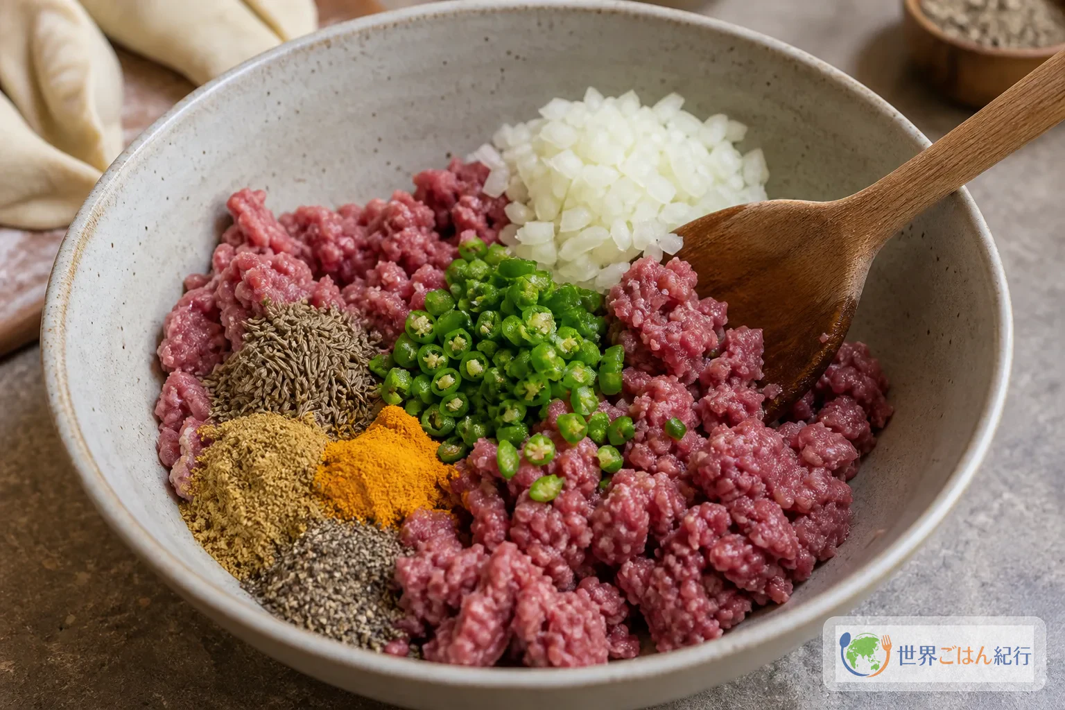 手順2: 玉ねぎと肉の餡を作る