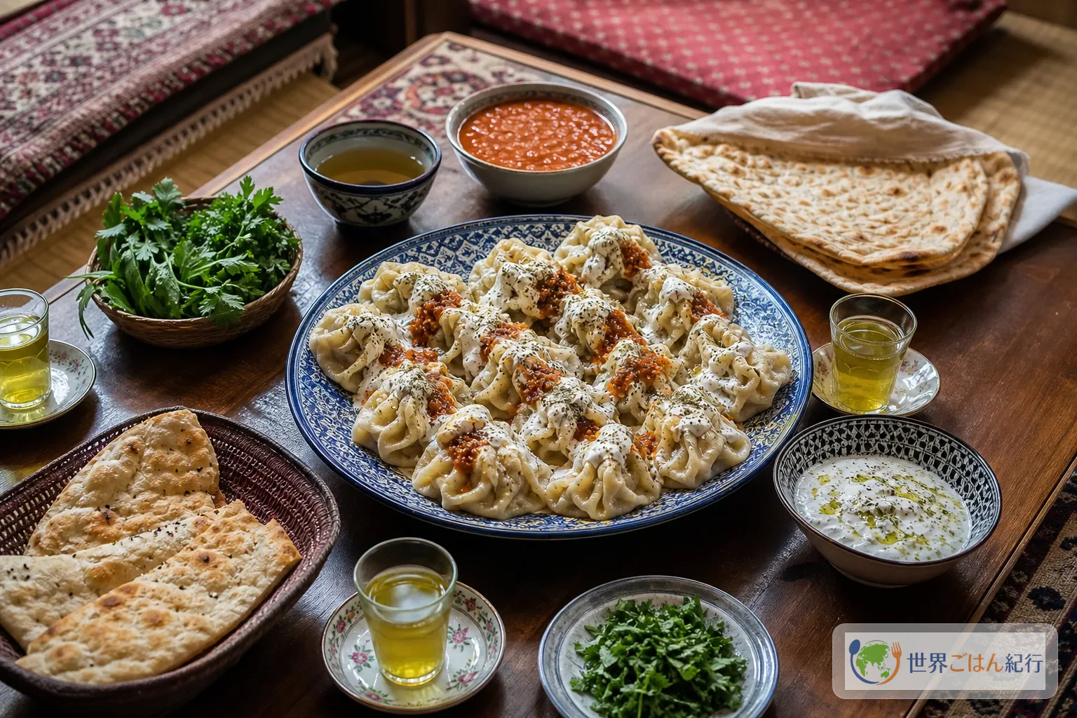 大皿のマントゥを中心に、パンとヨーグルト、緑茶を置いたアフガニスタンの食卓