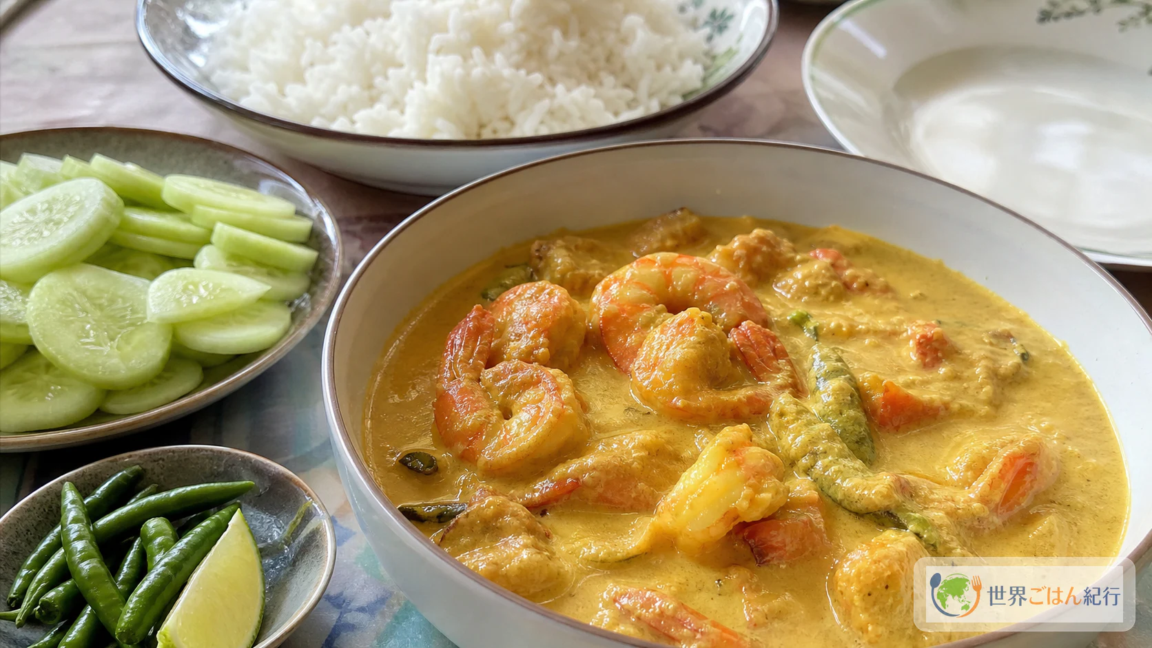 チングリマライカレー、白米、きゅうり、青唐辛子、ライムを並べた家庭の食卓