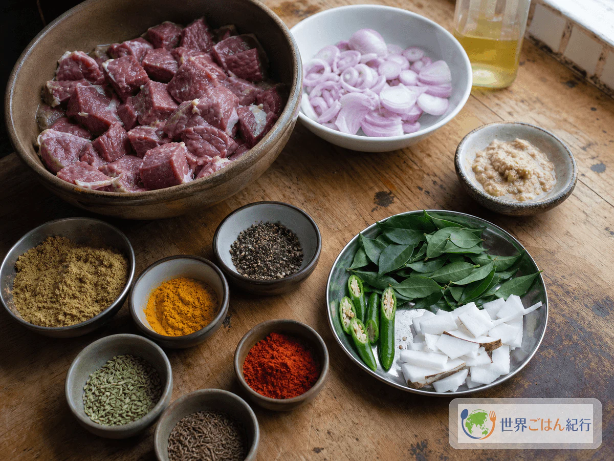 ケララビーフフライに使う牛肉、カレーリーフ、ココナッツ、香味野菜、スパイスを台所に並べた様子