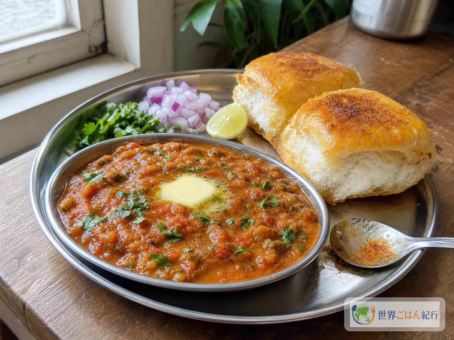 ムンバイ屋台風のパヴ・バジ。つぶした野菜カレーにバター、玉ねぎ、レモン、焼いたパヴを添える