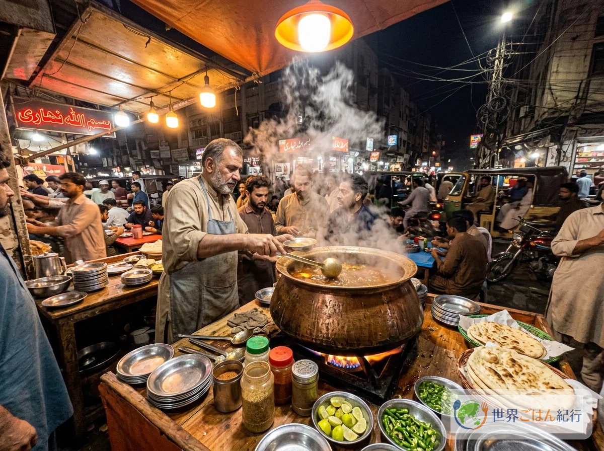 カラチの伝統的なニハリ食堂の夜の風景。大きな銅鍋で煮込まれるニハリ