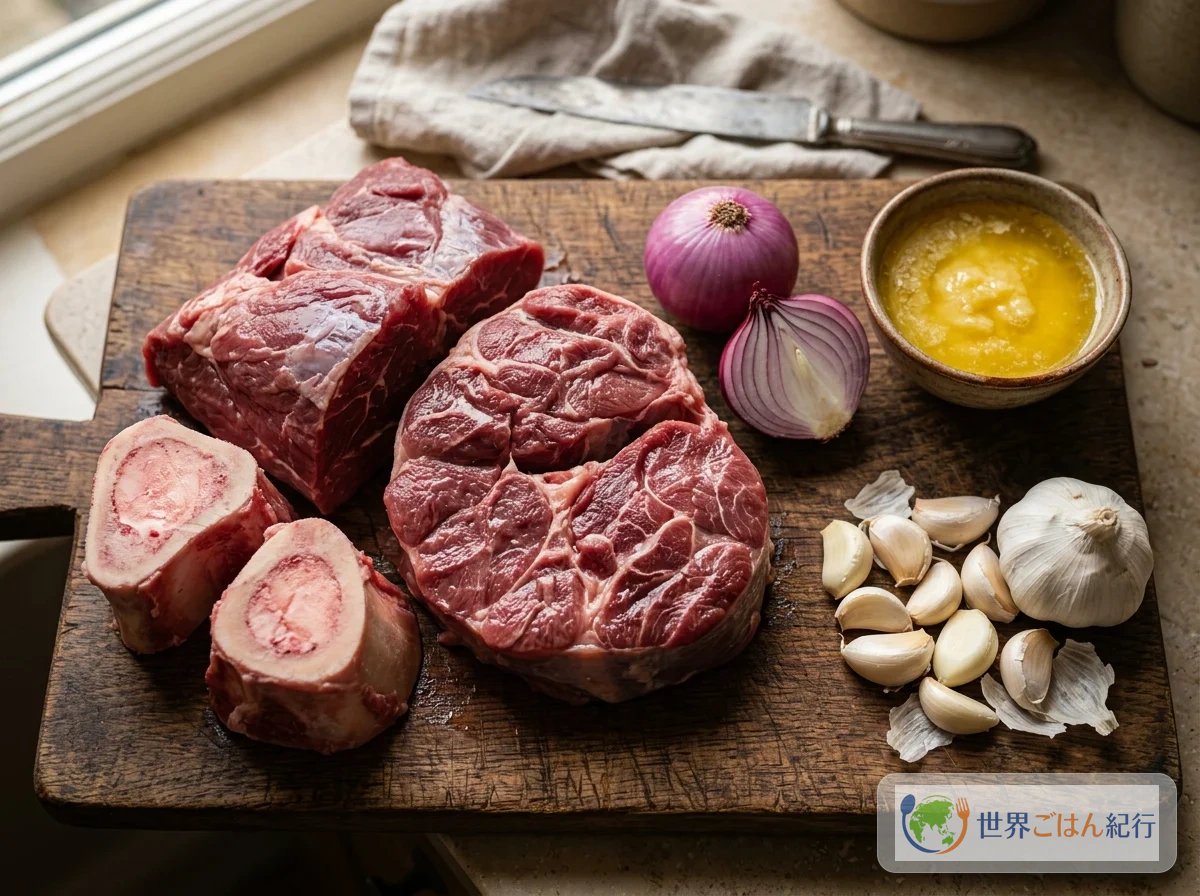 ニハリの主要食材。牛すね肉の塊、骨髄付き牛骨、玉ねぎ、ギーが木製のまな板に並んでいる