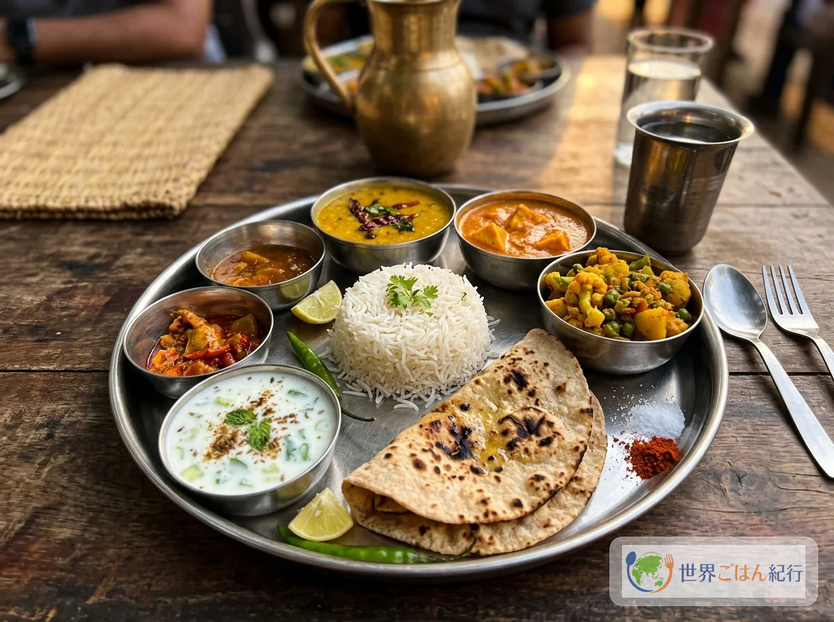 インドの菜食料理ターリー。ダール・サブジ・チャパティが並ぶ