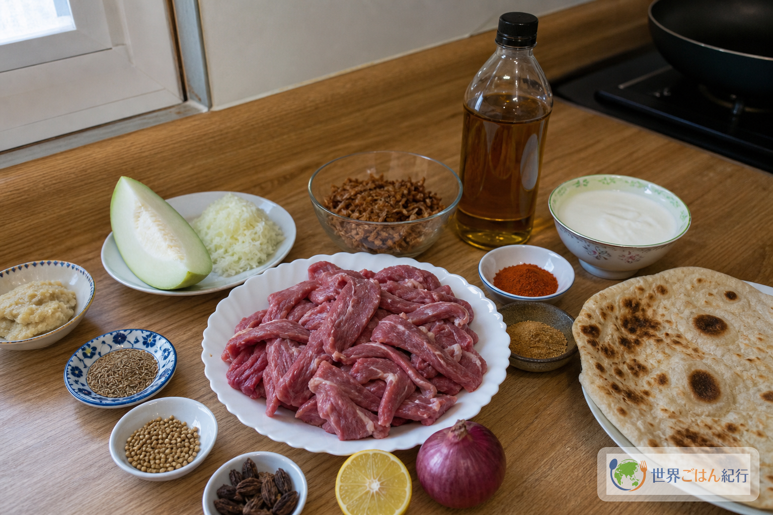 ビハリケバブの材料。薄切り牛肉、青パパイヤ、ヨーグルト、マスタードオイル、玉ねぎ、クミン、コリアンダー、ブラックカルダモン、ガラムマサラ、レモン、パラタを台所に並べた様子