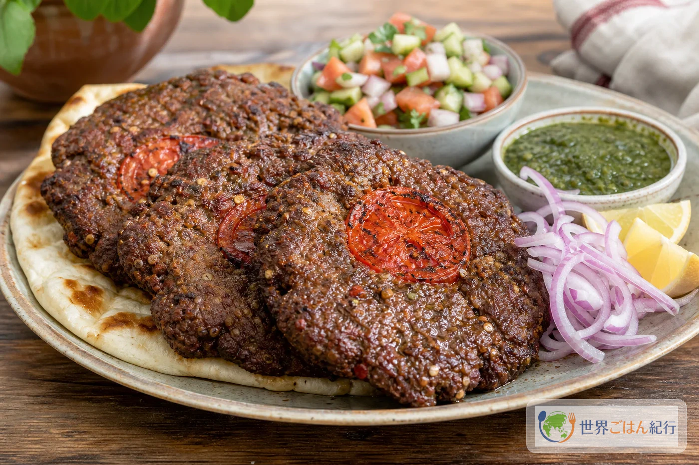 ナンにのせたパキスタンのチャプリケバブ。平たい肉焼きに玉ねぎ、レモン、チャツネを添えた食卓