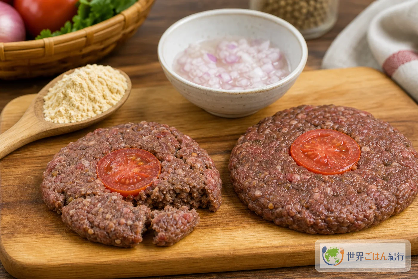 割れた肉だねとまとまった肉だねを並べ、ひよこ豆粉と水分を抜いた玉ねぎを示す工程写真