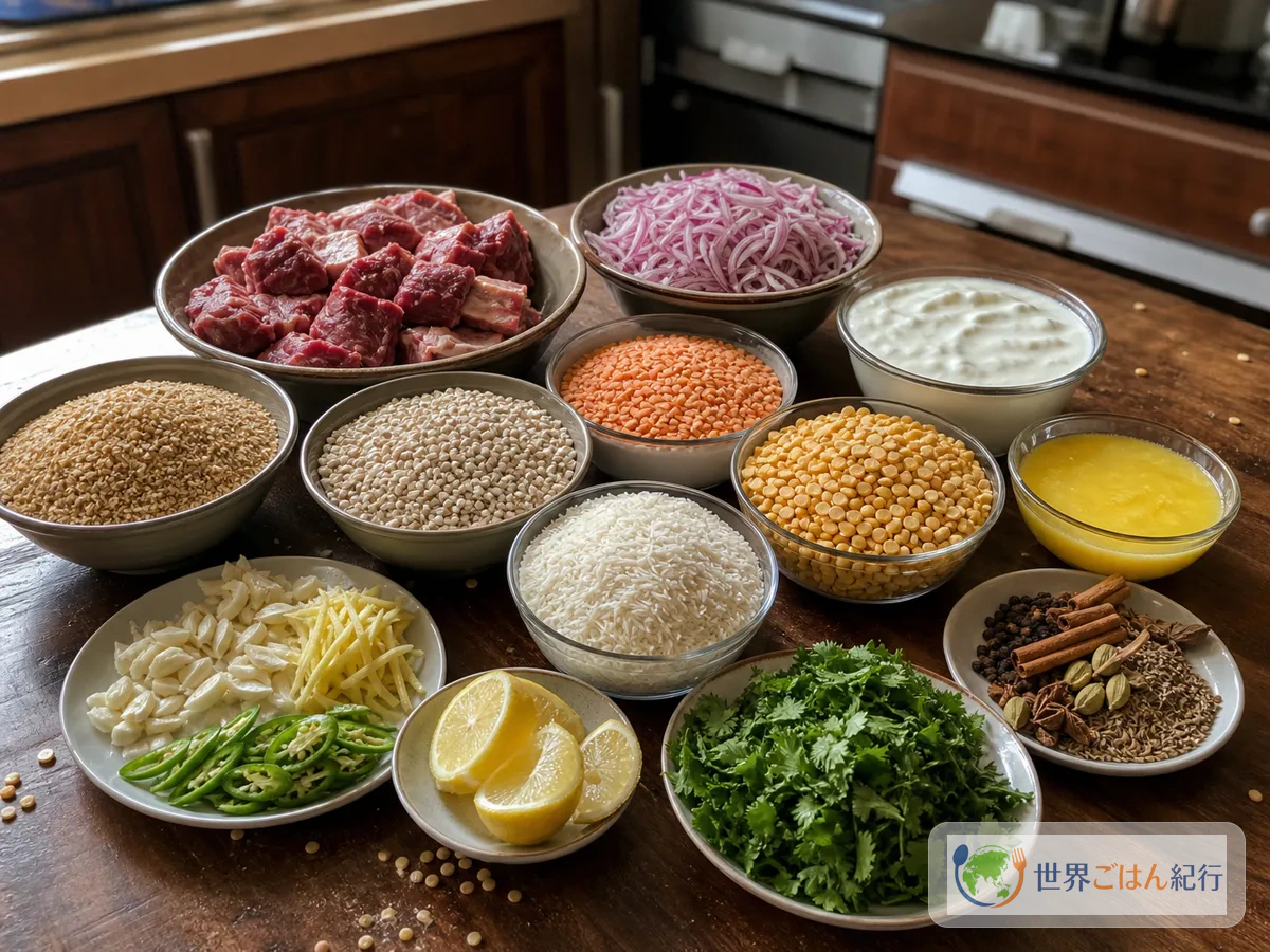 ハリームに使う割り小麦、豆、牛肉、香味野菜、スパイスを並べた台所