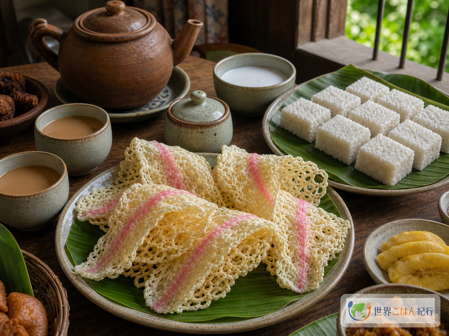 アースミ、キリバット、紅茶をバナナ葉と並べたスリランカの祝い菓子の食卓