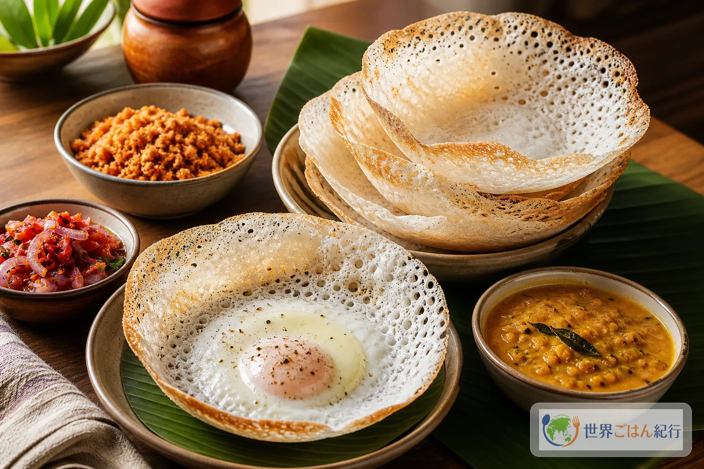 卵ホッパーとプレーンホッパーをルヌミリス、ココナッツサンボル、ダールカレーと並べたスリランカの食卓